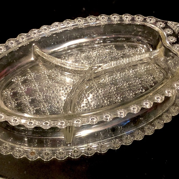 VTG Clear Pressed Glass Circles Dots Grid 3 Section Relish Condiment Candy Dish - Picture 5 of 9